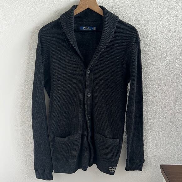 Polo Ralph Lauren Waffle Knit Sweater Button Front Cozy 100% Cotton Gray Medium - Picture 1 of 7